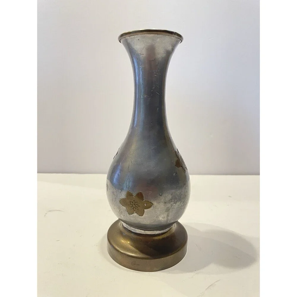 Vintage Mid-century Solid Pewter Vase with Brass Overlay Made In Hong Kong